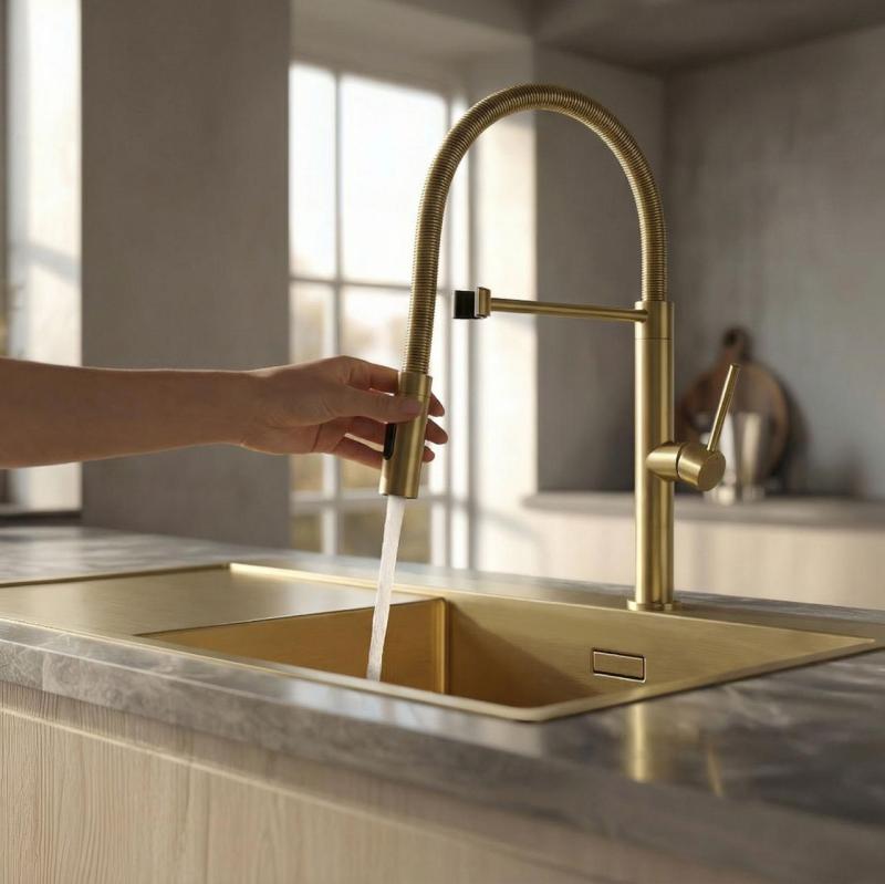 Pure.Sink Luxion Gouden keukenkraan profi met flexibele uitloop en 2 straalsoorten PLXFLEX-60