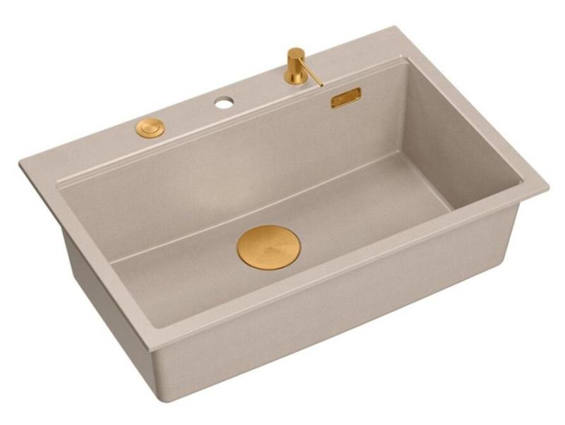 Quadri Hard Rock Beige granieten opbouw grote spoelbak 76x50cm inclusief koperen plug en accessoires 1208971750