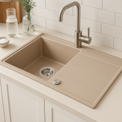 Quadri Luton pearl beige granieten opbouw spoelbak met afdruipvlak omkeerbaar 86x50cm met rvs plug 1208971779