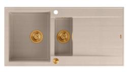 Quadri Luton pearl beige granieten opbouw 1,5 spoelbak met afdruipvlak omkeerbaar 100x50cm met koperen plug 1208971792