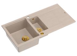 Quadri Luton pearl beige granieten opbouw 1,5 spoelbak met afdruipvlak omkeerbaar 100x50cm met gouden plug 1208971793