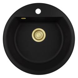 GraniteMy Bremen ronde granieten spoelbak 43 cm zwart, opbouw en onderbouw, met kraangatbank en automatische gouden plug 1208971843