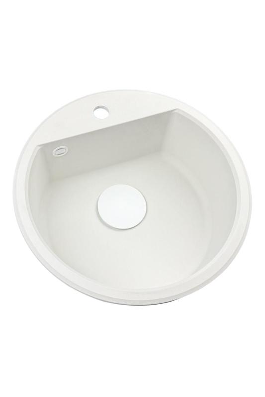GraniteMy Bremen ronde granieten spoelbak 43 cm wit, opbouw en onderbouw, met kraangatbank en automatische wit plug 1208971850