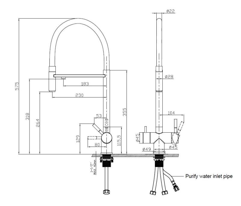 Pure.Sink Elite Steel Flex 3-weg RVS keukenkraan met flexibele uitloop en Gefilterd Water PS8110-02