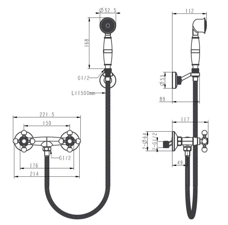 Aquanello Heritage Ascot Klassieke Opbouw Douchekraanset met Sterknoppen Brons inclusief Handdouche BN-2002-HA